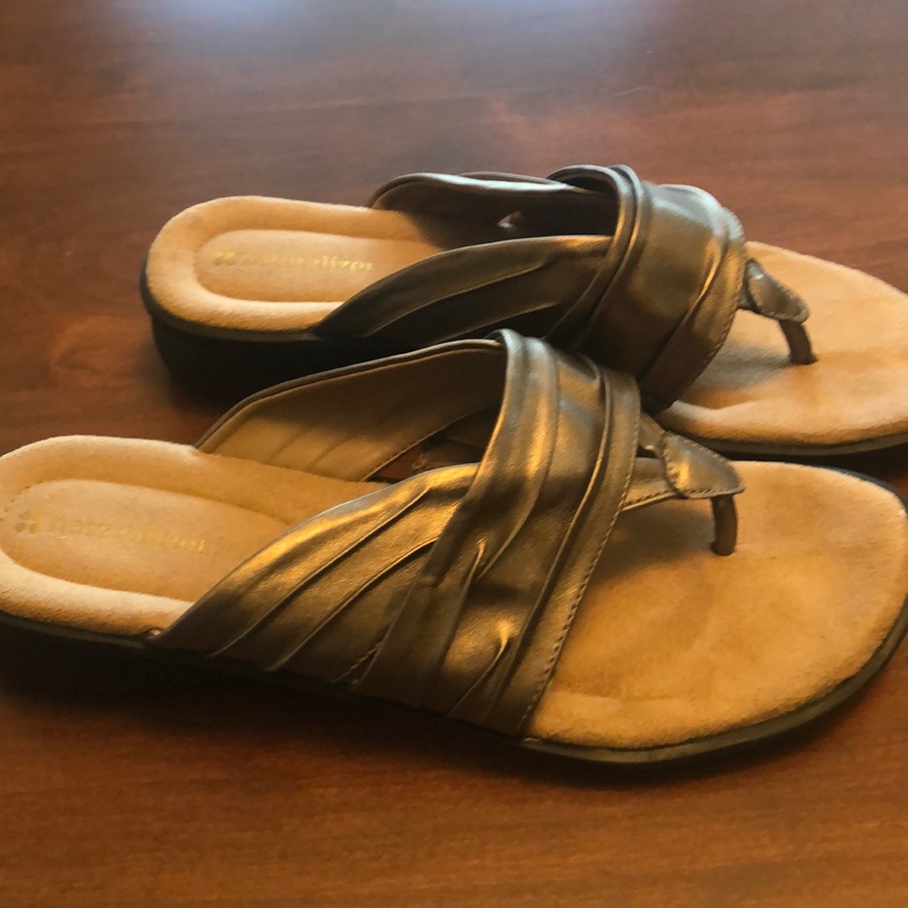 Naturalizer wedge sandal. Pewter /metallic straps.